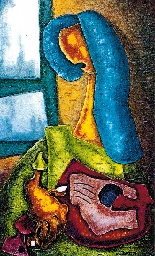 La guitare est morte, hommage à Victor Jara tué par les militaires du Chili en lui coupant ses mains - 1,50 x 80 cm - huile sur toile - 1978